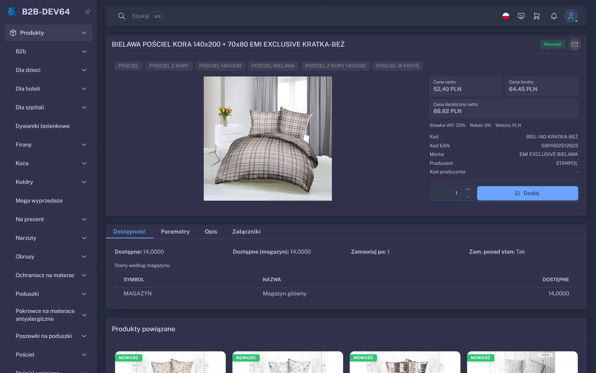 Karta produktu w d6Order: galeria zdjęć, cena netto i brutto kontrahenta, dostępność w magazynach, parametry, producent, EAN, stawka VAT, załączniki do pobrania i produkty powiązane