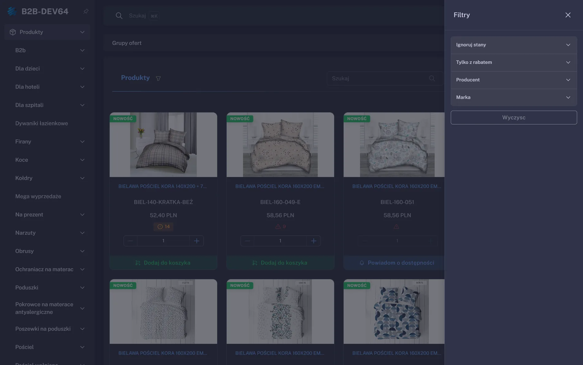 Katalog produktów w d6Order w widoku kafelków: drzewo grup towarowych, znaczniki nowości, ceny netto kontrahenta, ilości dostępne, przycisk dodania do koszyka oraz panel filtrów z producentem, marką i opcją pokazania tylko pozycji z rabatem